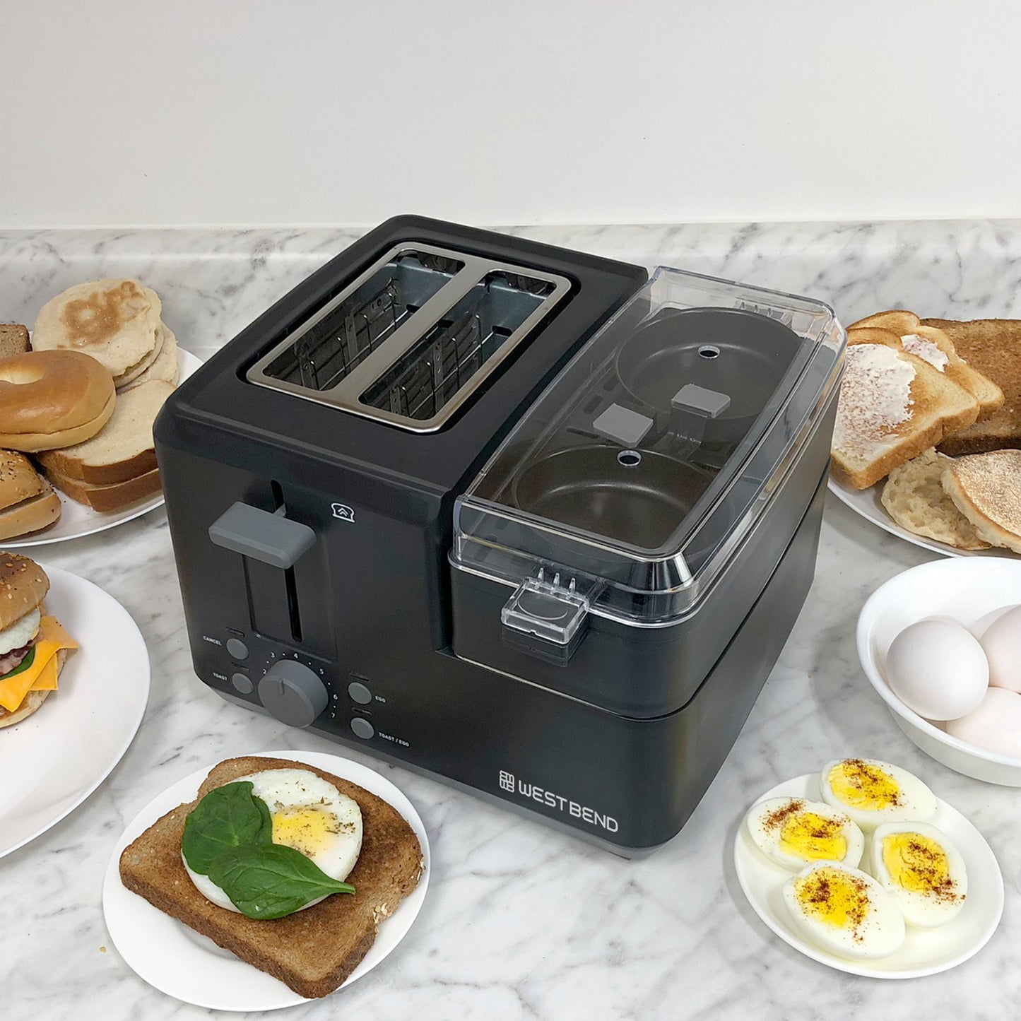 West Bend Multifunktionale Frühstücksstation 2-Scheiben Toaster mit Eierkocher und Fleischwärmer