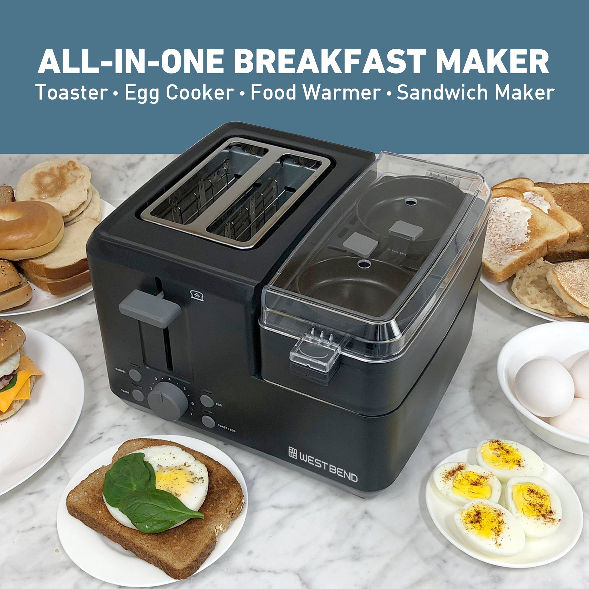 West Bend Multifunktionale Frühstücksstation 2-Scheiben Toaster mit Eierkocher und Fleischwärmer