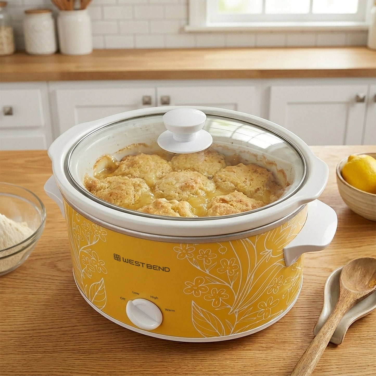 West Bend Pattern Slow Cooker, 4 Qt. Kapazität in Gelb und Weiß