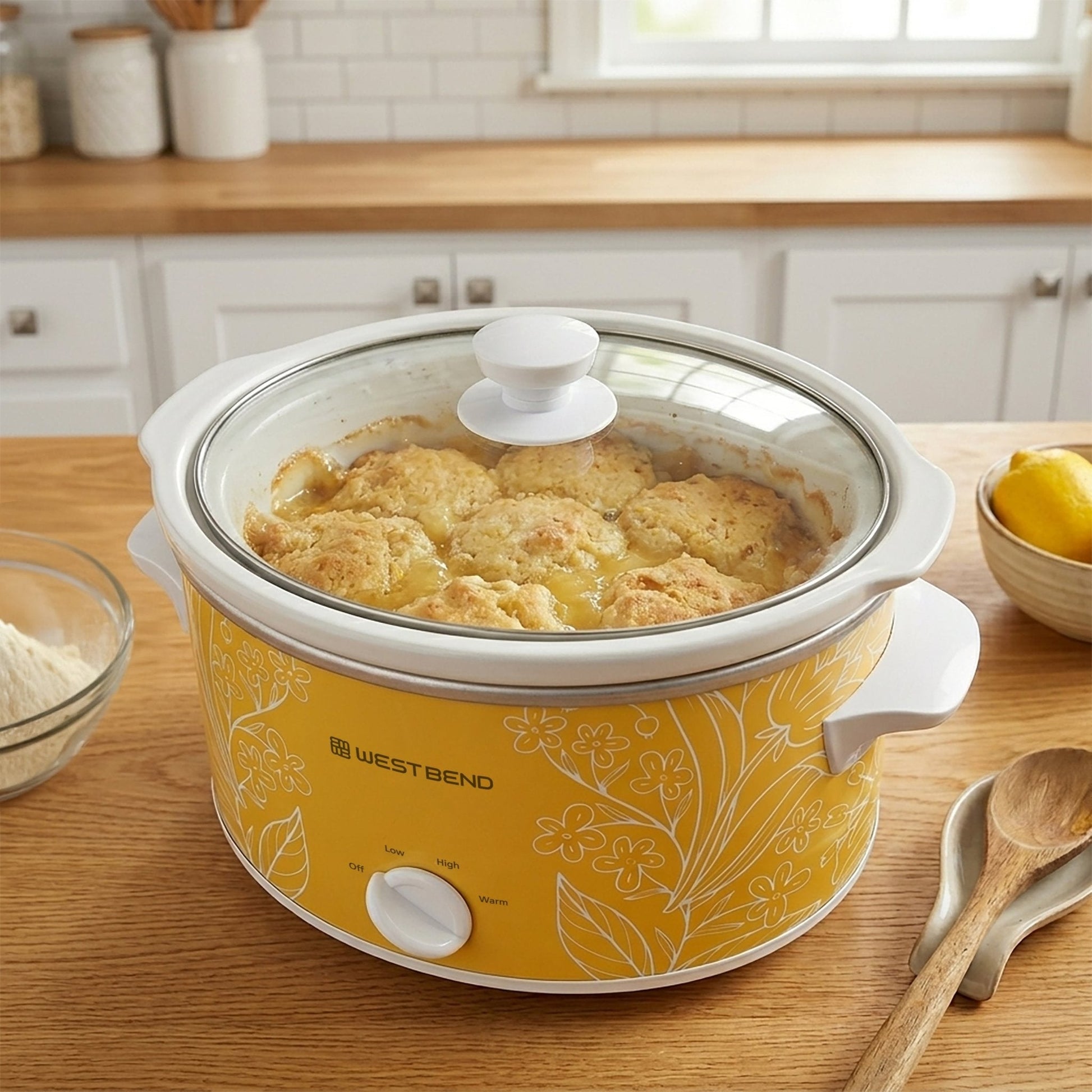 West Bend Pattern Slow Cooker, 4 Qt. Kapazität in Gelb und Weiß