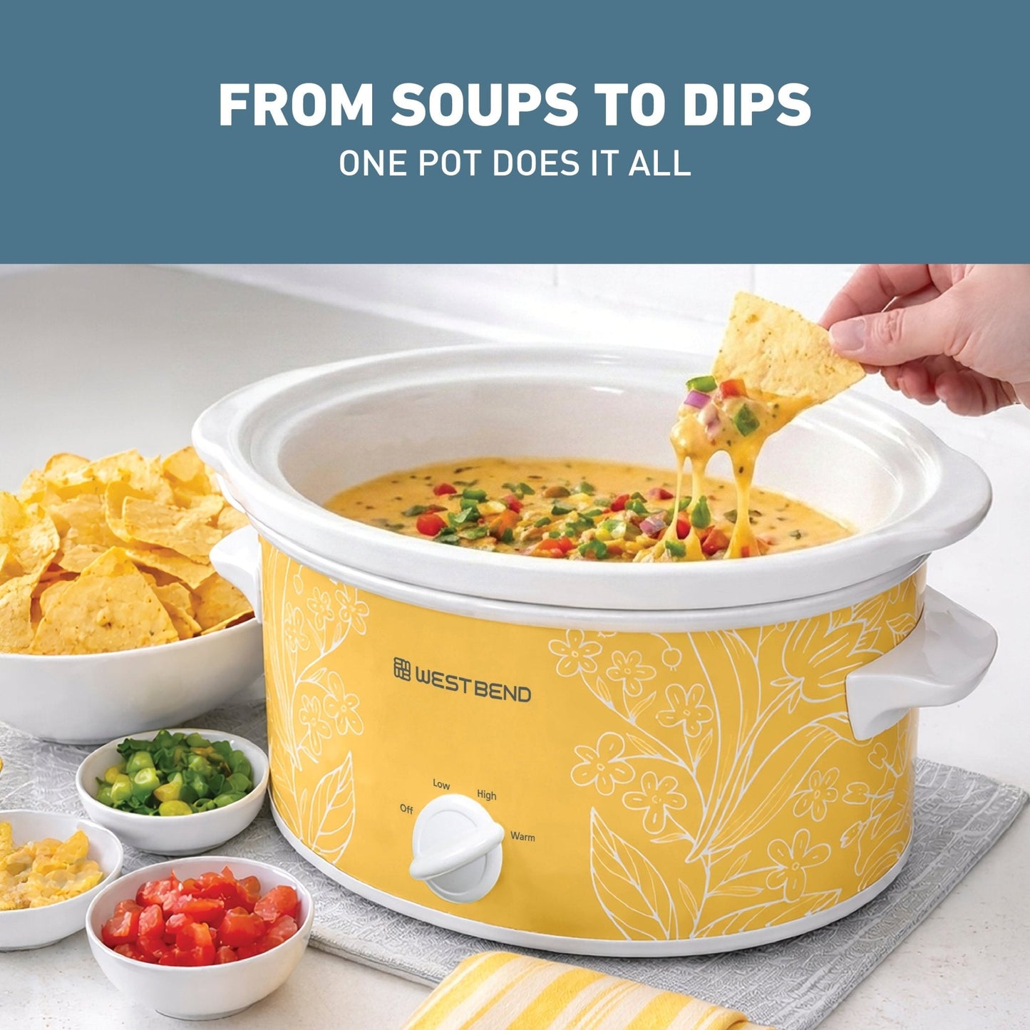 West Bend Pattern Slow Cooker, 4 Qt. Kapazität in Gelb und Weiß