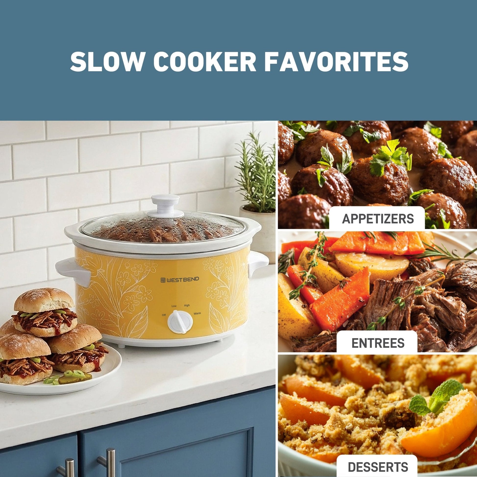 West Bend Pattern Slow Cooker, 4 Qt. Kapazität in Gelb und Weiß